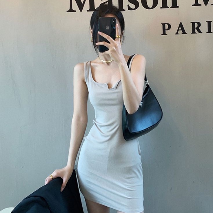 [Tặng Kèm Cột Tóc] Váy Sát Nách, Đầm Body Cổ Xẻ V Thun Gân Cao Cấp Henia | BigBuy360 - bigbuy360.vn