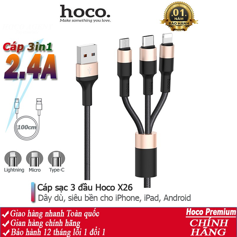 Cáp sạc 3 đầu Hoco X26 siêu bền dây dài 1m