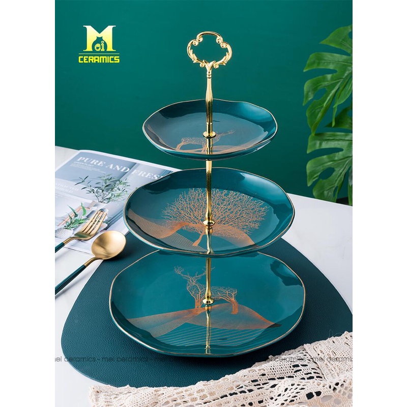 Đĩa Đựng Trái Cây Bánh Kẹo Tết Bằng Sứ Cao Cấp Màu Xanh Ngọc Lục Bảo Sang Trọng | Thiết Kế 2 Tầng, 3 Tầng