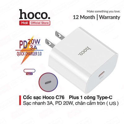 Củ sạc nhanh Hoco C76 Plus 1 cổng Type-C hỗ trợ sạc nhanh 3A, PD 20W, tương thích nhiều thiết bị công nghệ ( US )