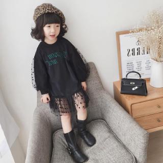Đầm dài tay cổ tròn phối lưới chấm bi thời trang cho bé gái