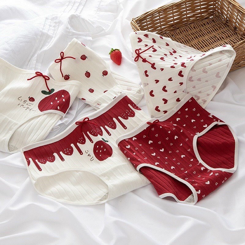 Quần lót cotton nữ hình quả dâu cạp nhúm dễ thương, quả dâu đỏ xinh xắn