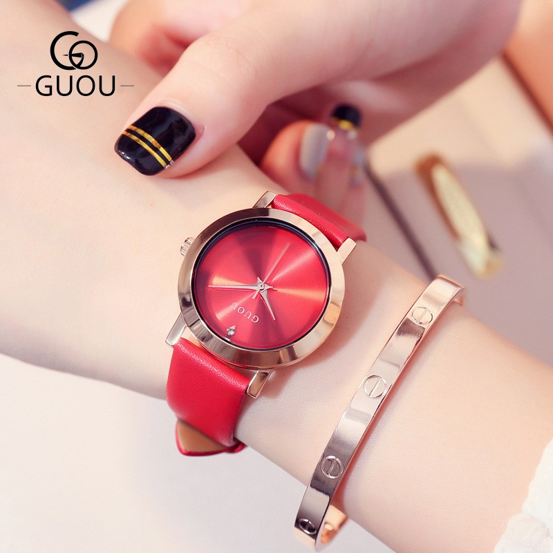 Đồng hồ đeo tay nữ chính hãng Guou dây da mặt vuông đẹp viền vàng chống nước 8171