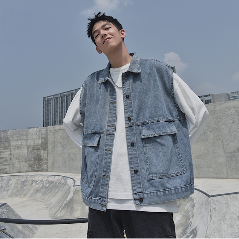 Áo khoác denim không tay phong cách Hong Kong thời trang mùa hè cho nam