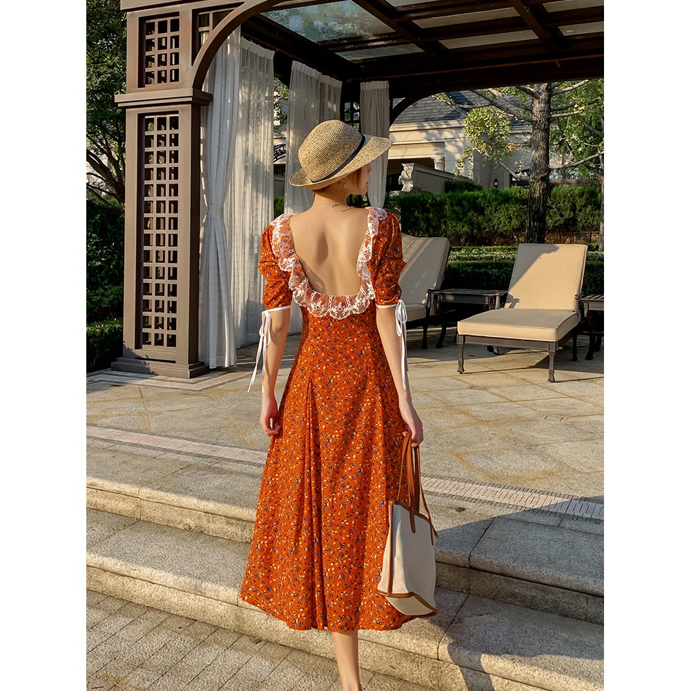 Váy đầm maxi hoa nhí vintage màu cam đất dáng xòe dài hở lưng đi biển nhẹ nhàng xinh đẹp giá rẻ