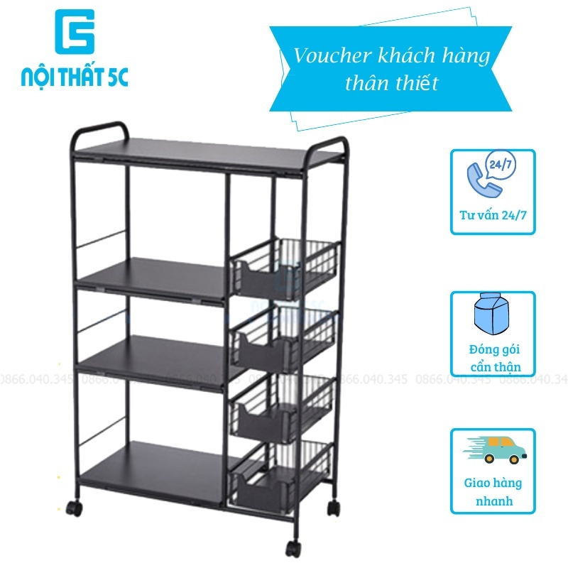 Kệ nhà bếp để đồ đa năng kệ lò vi sóng thông minh 3 4 tầng thép carbon không rỉ, có bánh xe để nồi cơm điện lò nướng