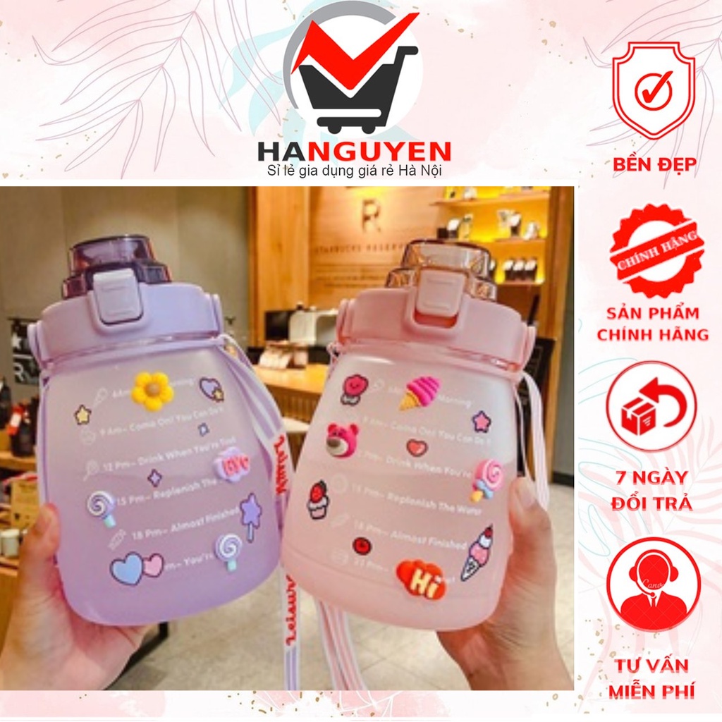 Bình nước ngộ nghĩnh cho bé 1300ml cute có ống hút chia vạch, Bình nước 1300ml có dây đeo cho bé đi học