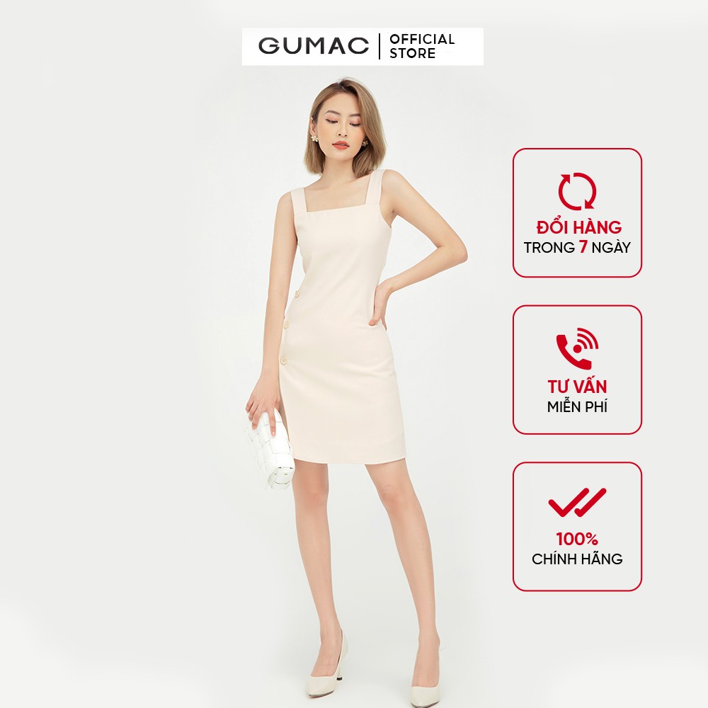 [Mã WABRGU72 giảm 10% tối đa 50k đơn 250k] Đầm ôm nữ bản dây phối nút GUMAC màu kem ôm body quyến rũ DB5104