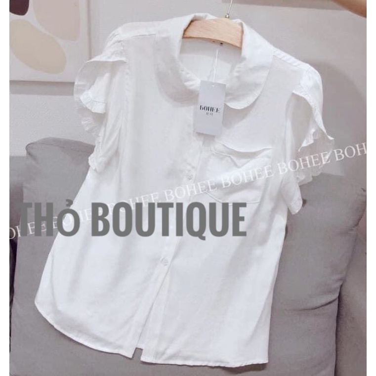 Áo sơ mi ZARA xuất Âu xịn lụa kate cổ sen tay ngắn cánh bướm viền bèo trắng túi ngực