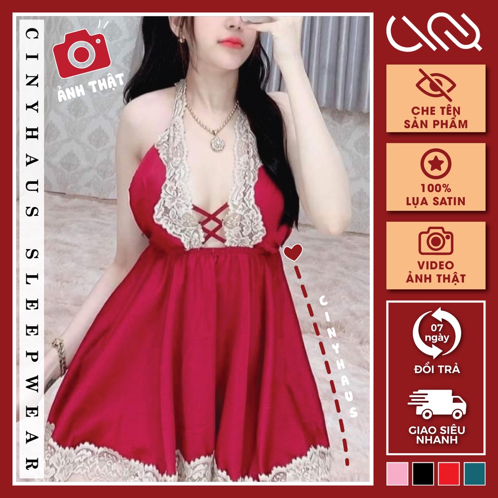 Đồ Ngủ Sexy Đan Dây Ngực Phối Ren Gợi Cảm Lụa Satin Cao Cấp Mềm Mại Kèm Quần Đùi Thoáng Mát Freesize - CN015 CINY