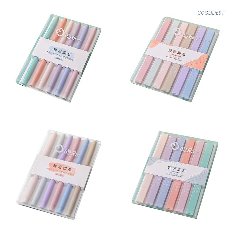 Bộ 6 bút bắt sáng hai đầu ngòi cứng màu trong suốt nhỏ gọn cho học sinh