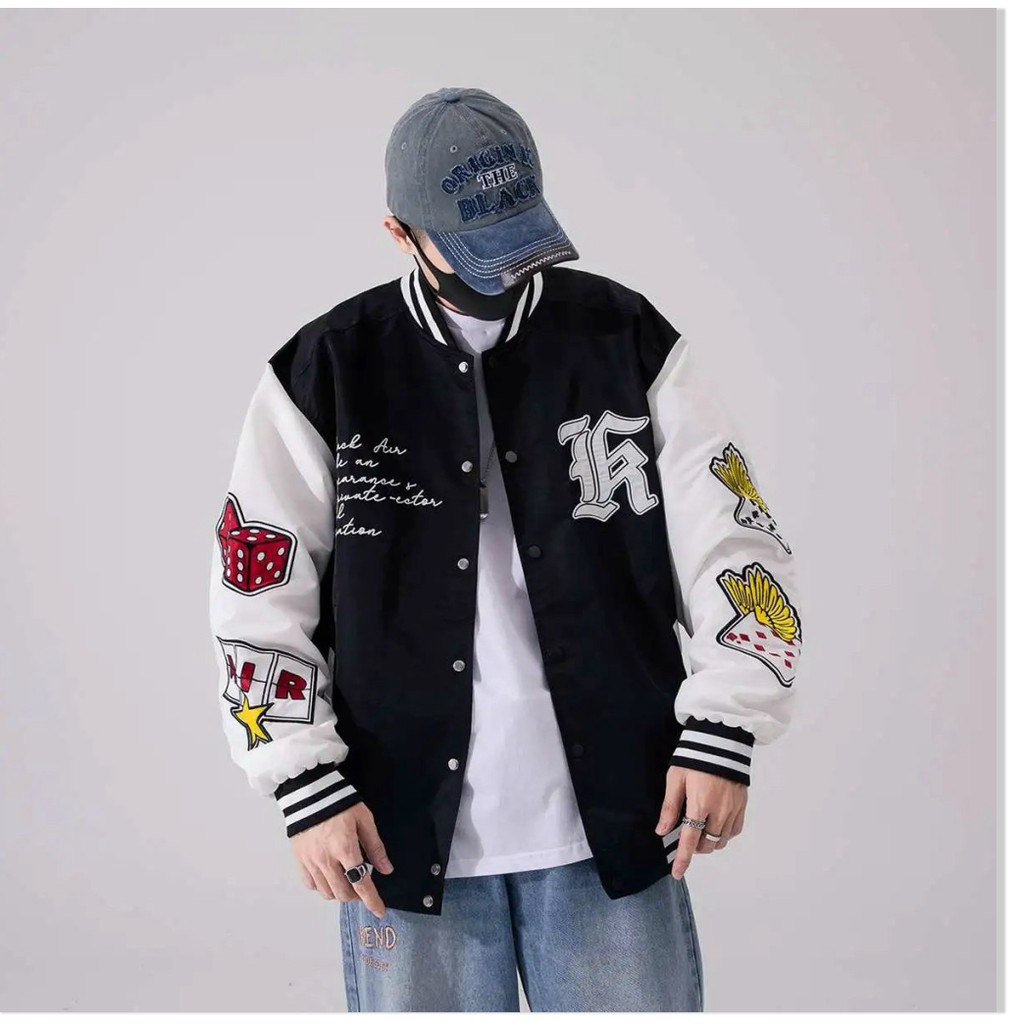 Áo Khoác Dù BomBer Nam Phối Cúc Bấm in Họa Tiết Lá Bài Trẻ Trung Thời Trang Super Fashion