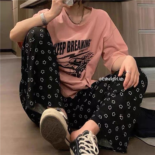 Quần ống rộng In Họa Tiết Mặt Cười Thời Trang Hàn Quốc size S-4XL