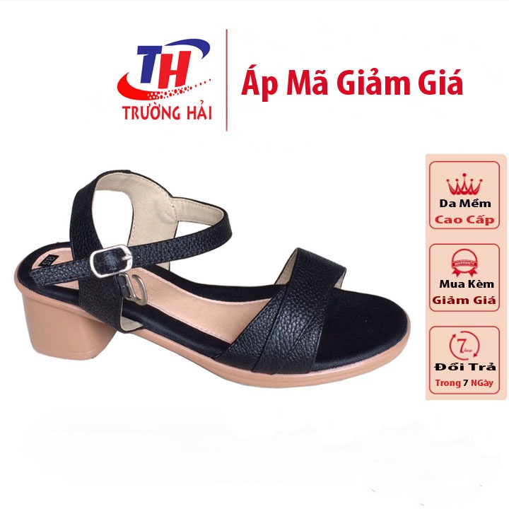 Xăng Đan Nữ Da Bò Trường Hải Màu Màu Đen Gót vuông cao 5cm Đế PU siêu nhẹ SDN0125