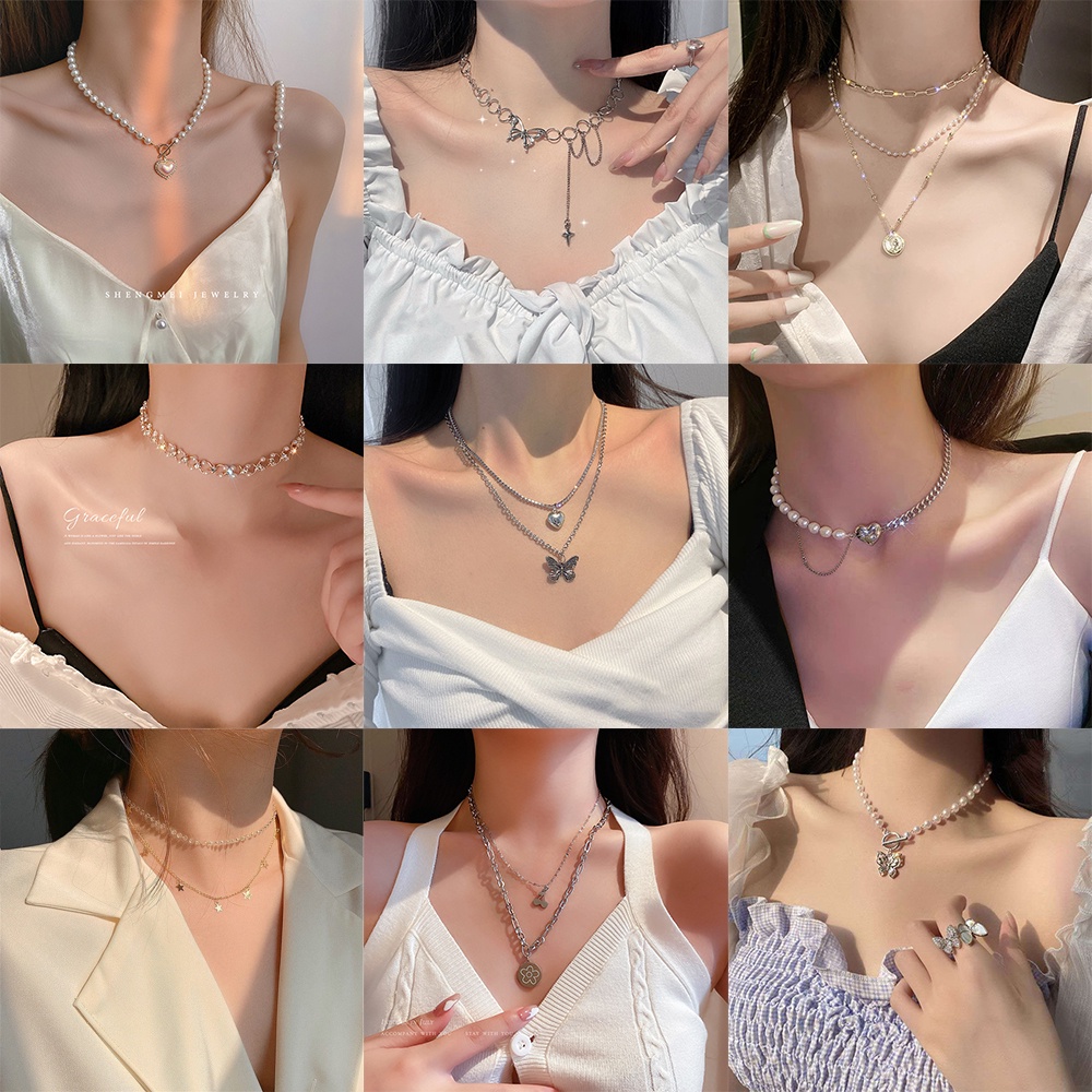 Dây chuyền AY nhiều lớp phối ngọc trai/pha lê nhân tạo thời trang cho nữ