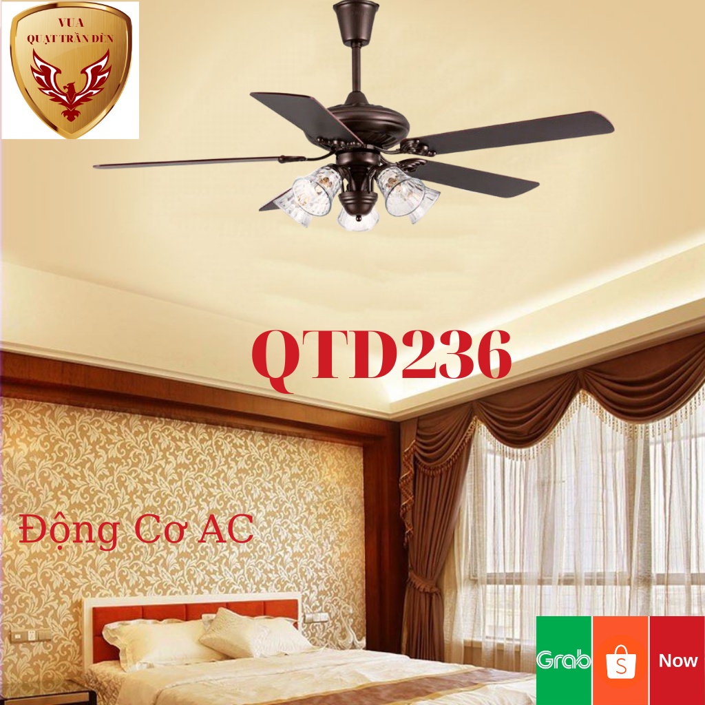 Quạt Trần Cánh Gỗ 5 Bóng  QTD236, Quạt Trân Có Đèn Trang Trí Phòng Khách, Động Cơ AC
