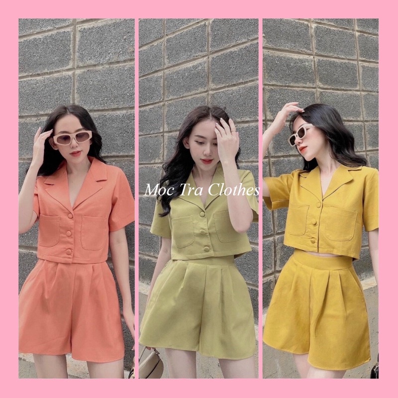Set bộ vest nữ trơn ngắn tay thiết kế khuy bọc siêu xinh, Set quần áo nữ cá tính trẻ trung rẻ đẹp