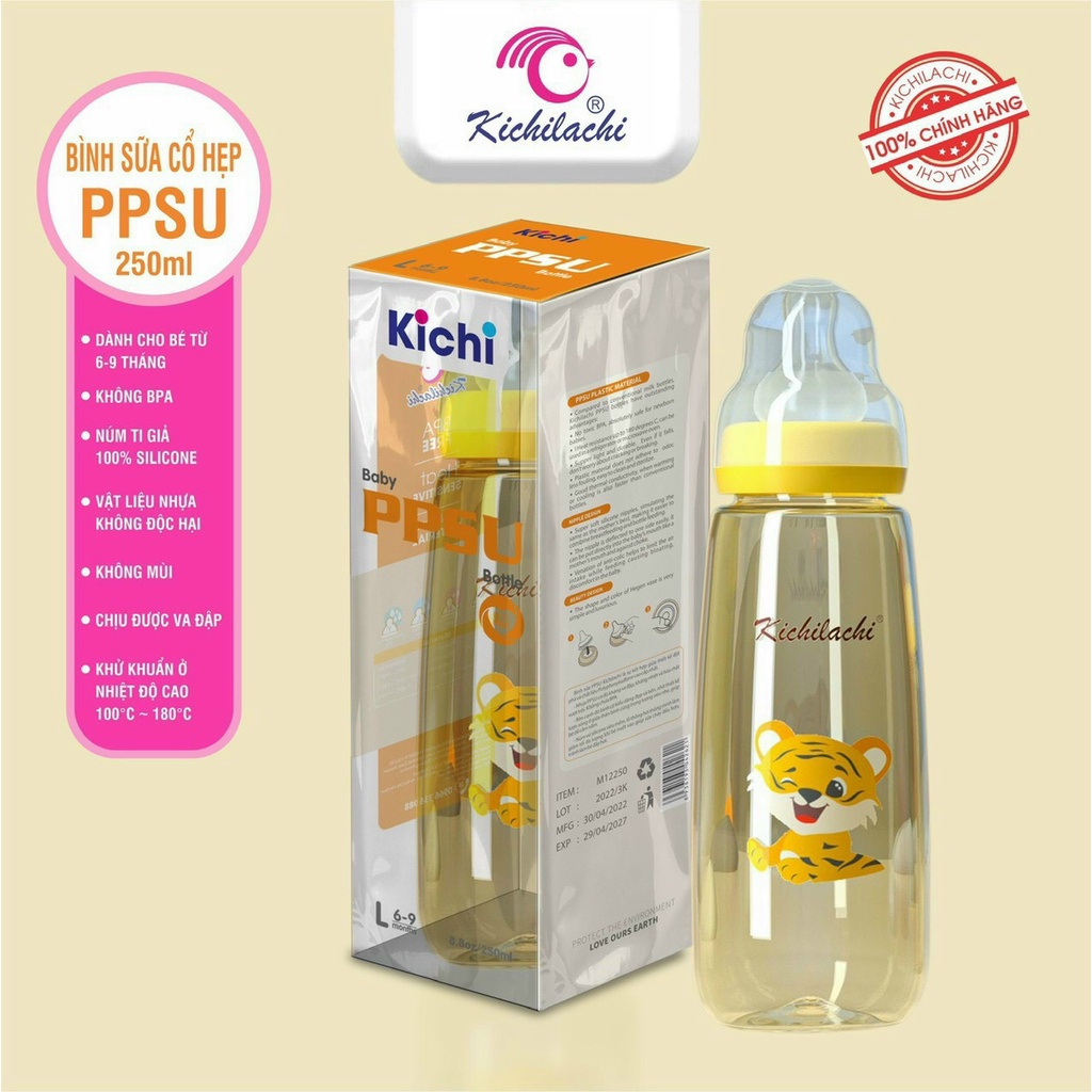 Bình Sữa Kichi Cổ Hẹp Ppsu 150ml 250ml Bình Sữa Cho Bé Hình Hổ Gấu Cao Cấp