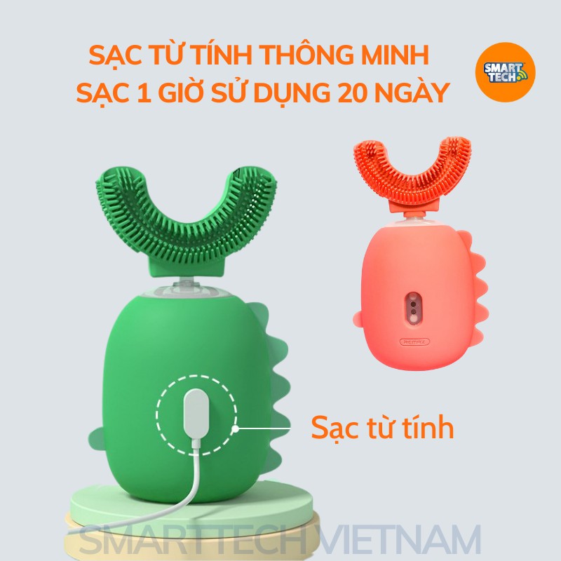 Bàn chải đánh răng điện cho bé Remax U Plus, máy đánh răng thông minh cho trẻ từ 2 tuổi, đầu chải chữ U silicon siêu mềm