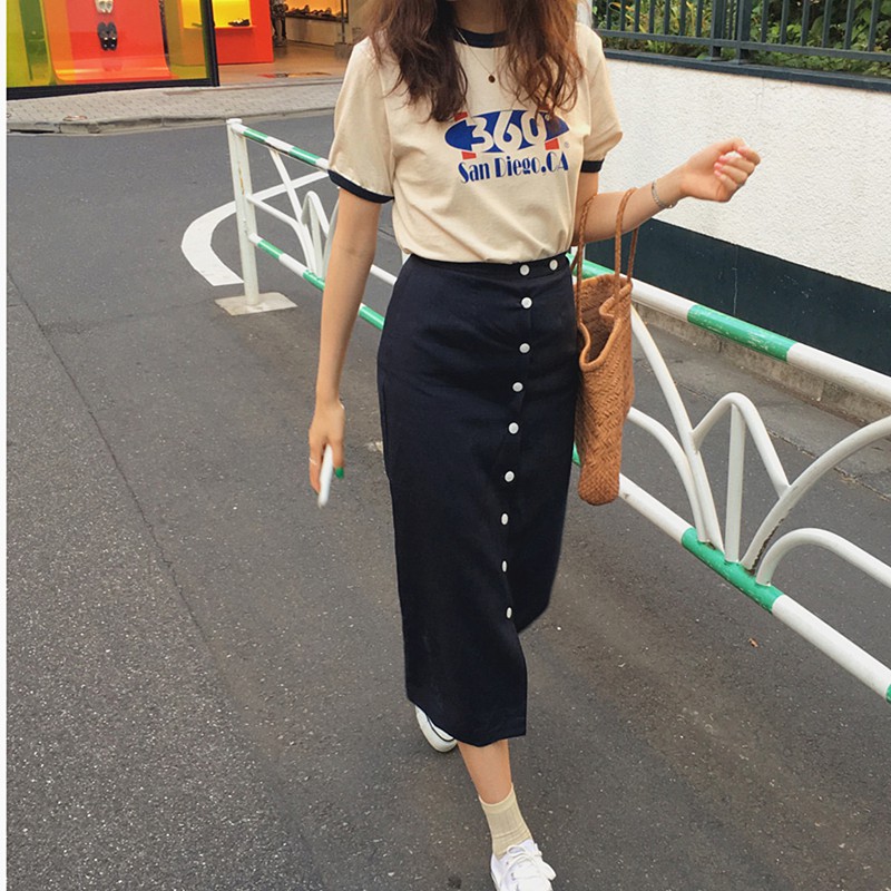 (ORDER) Set chân váy MORAN midi cạp cao dáng dài bút chì+ Áo thun cộc tay viền cổ style Hàn Quốc | BigBuy360 - bigbuy360.vn