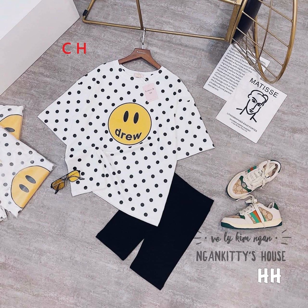[Siêu Phẩm] Set Bộ Áo Phông Ép Mặt Cười Chấm Bi Quần Nâng Mông Thời Trang Hit Hot