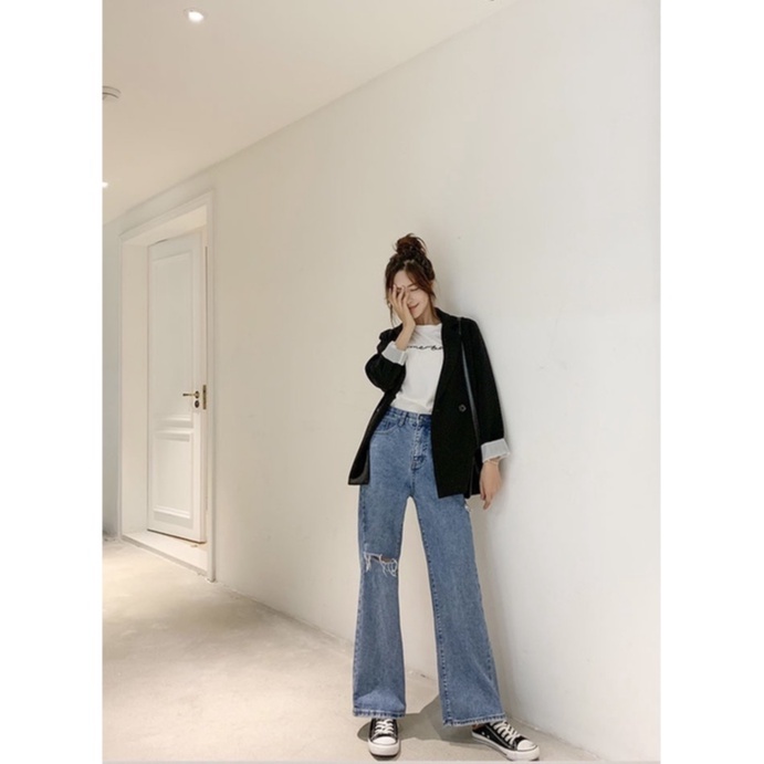 Quần jean bò ống rộng. quần jeans suông nữ cạp cao phong cách Hàn Quốc sành điệu style