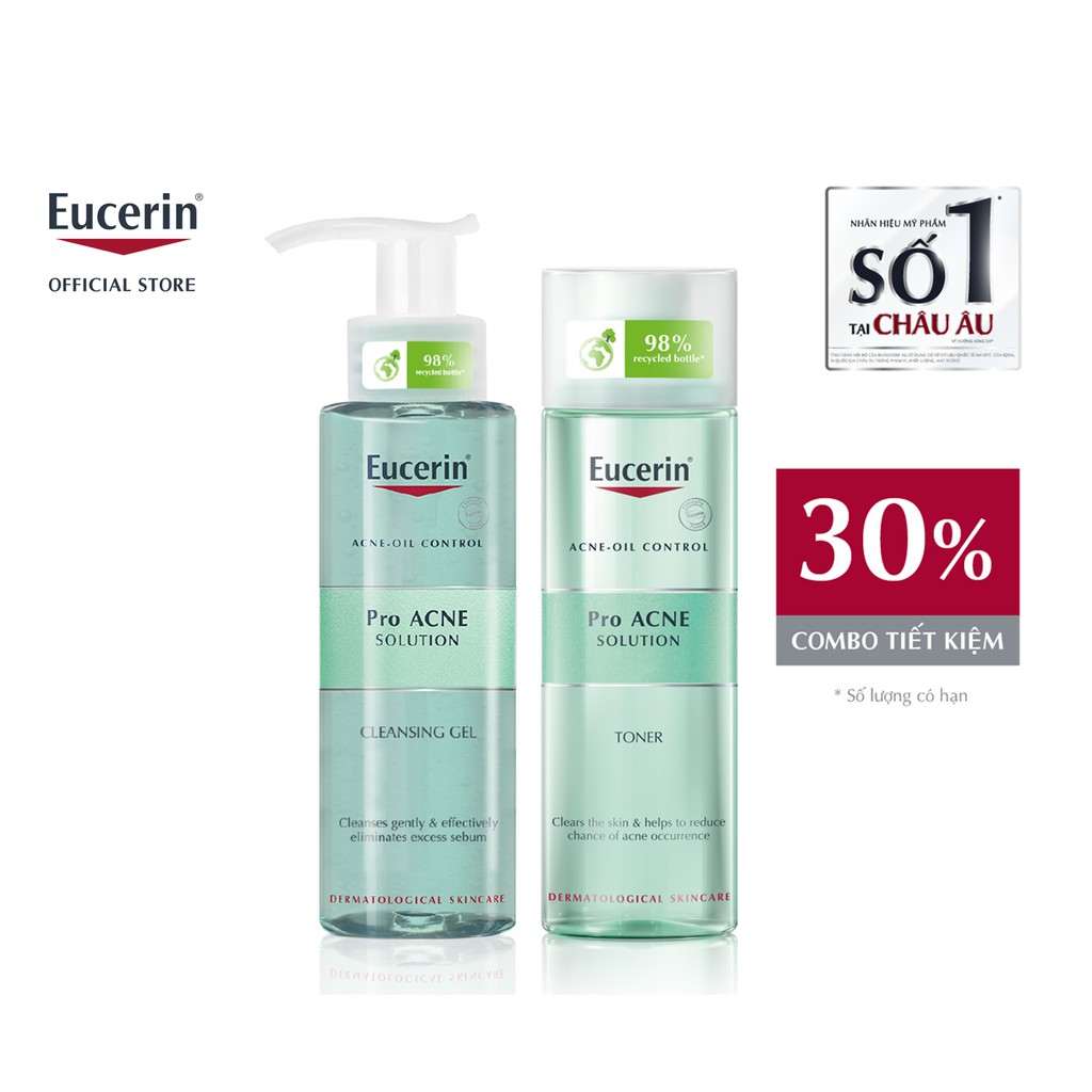 [ƯU Đãi 30%] Bộ sản phẩm Eucerin ProAcne làm sạch cho da mụn (Gel Rửa Mặt 200ml &amp; Nước Hoa Hồng 200ml)