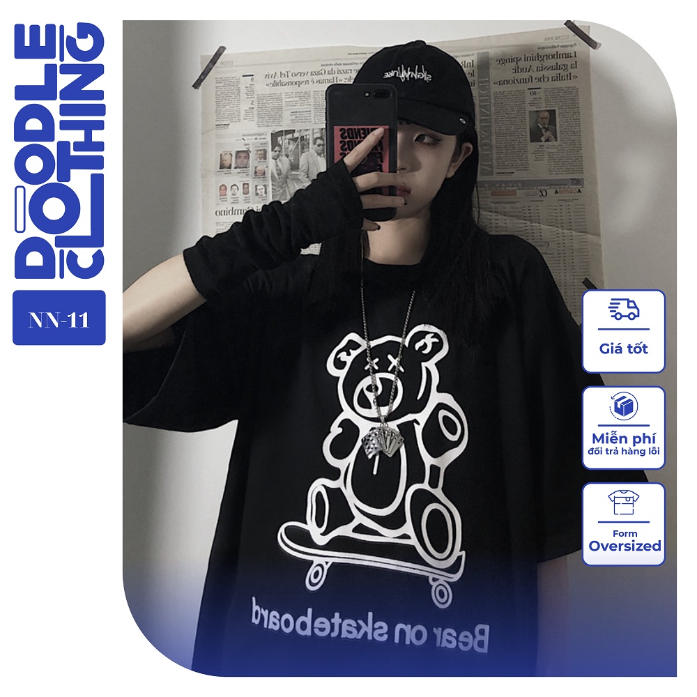Áo thun nam nữ tay lỡ unisex oversize áo phông form rộng basic tee hình gấu bông lướt ván