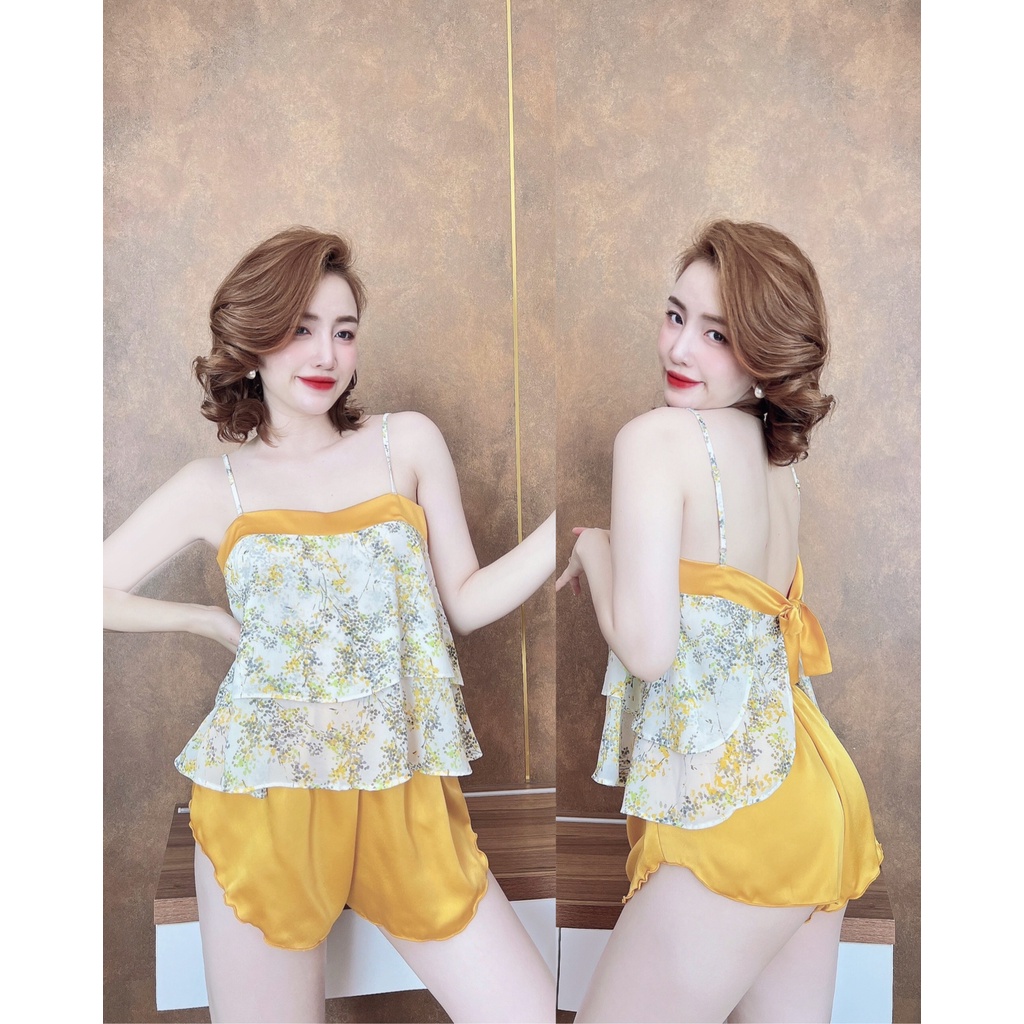 Đồ Ngủ Sexy, Bộ Yếm Chiffon Phối Quần Satin Chất Cực Mát Freesize 40<65kg