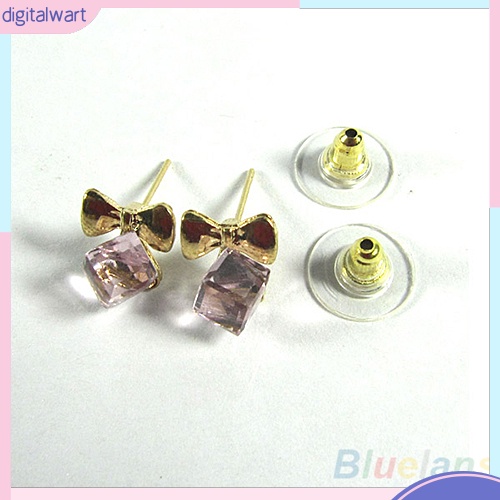 Cặp khuyên tai hình nơ đính đá quý nhân tạo khối vuông nhiều màu sắc trẻ trung cá tính dành cho nữ