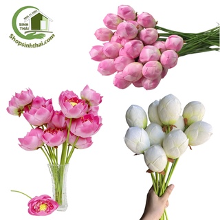 Cành nụ hoa sen giả màu hồng, trắng, hoa sen nở màu hồng - cành sen vải lụa cao cấp - Chọn loại