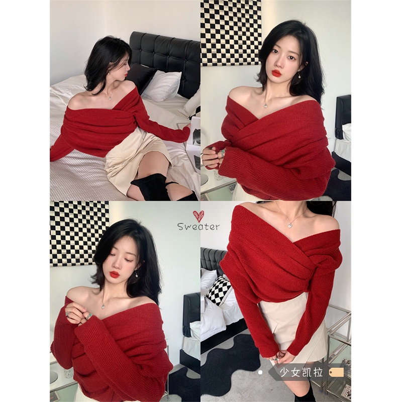 Áo len trễ vai nhún sườn