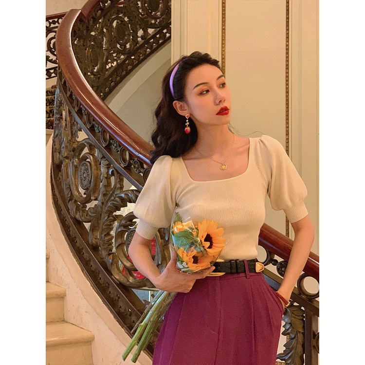 Áo thun bằng vải dệt kim tay ngắn phồng cổ vuông màu sắc cổ điển thời trang mùa hè cho nữ