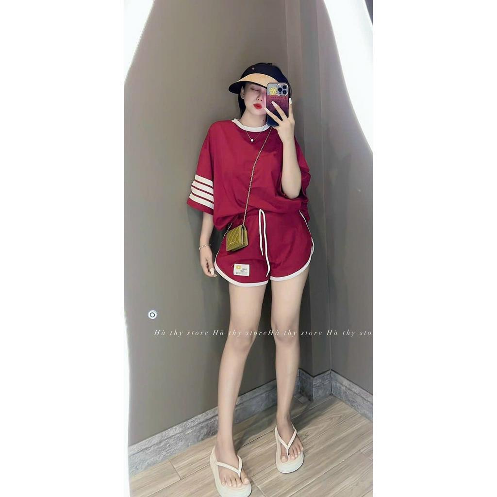 Sét bộ đồ nữ áo cổ tròn họa tiết tay kẻ ngang xinh xắn mix quần đùi duyên dáng cá tính đi chơi