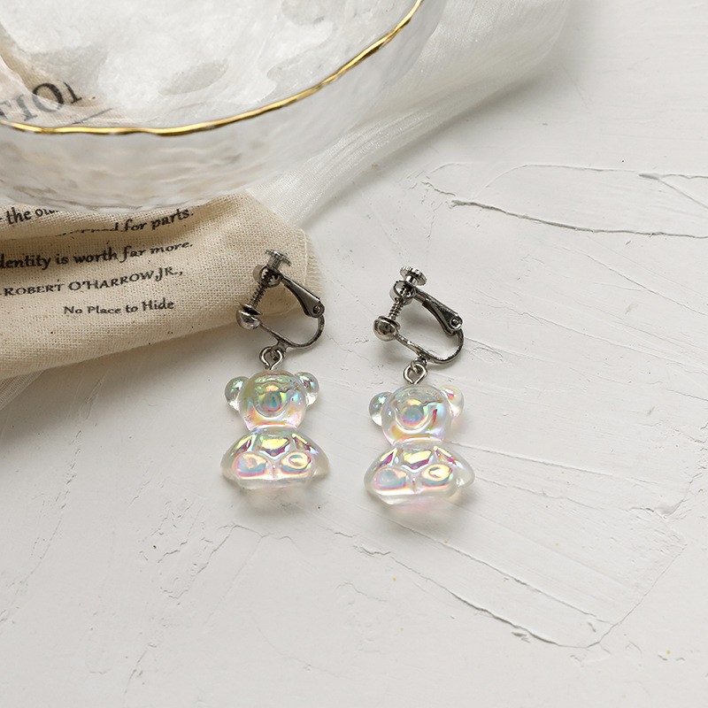 Khuyên tai kẹp không bấm lỗ chốt điều chỉnh K064 bằng hợp kim mạ bạc hình con gấu dáng midi Leous Accessories