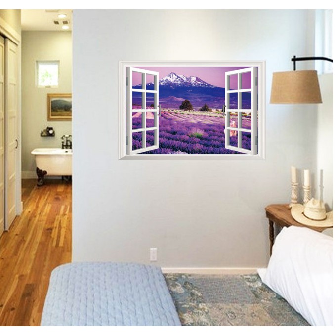 Decal trang trí khung cửa sổ 3D Núi lớn và Hoa Tím