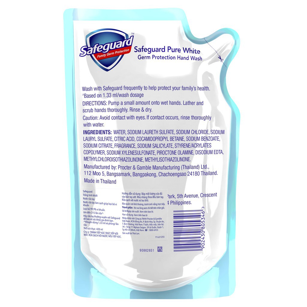 Combo hoàn hảo Nước rửa tay diệt khuẩn Safeguard Trắng tinh khiết chai 450ml và túi 420ml