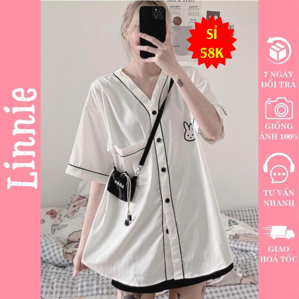 [TUYỂN SỈ] Áo Sơ Mi Nữ Form Rộng Tay Ngắn Linnie Áo Kiểu Nữ Ngắn Tay Cổ V Chất Kate Mềm Mịn Với Logo Thỏ Thêu