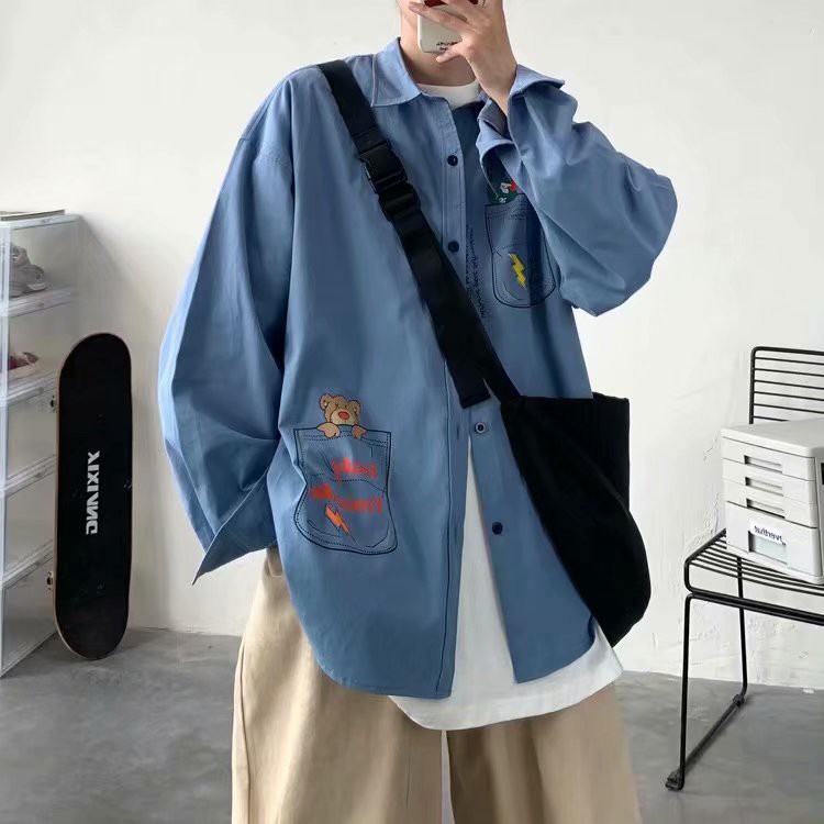 Áo Sơ Mi Tay Dài Dáng Rộng In Hoạt Hình Graffiti Kiểu Hàn Quốc Cá Tính Cho Nam Size M-2Xl