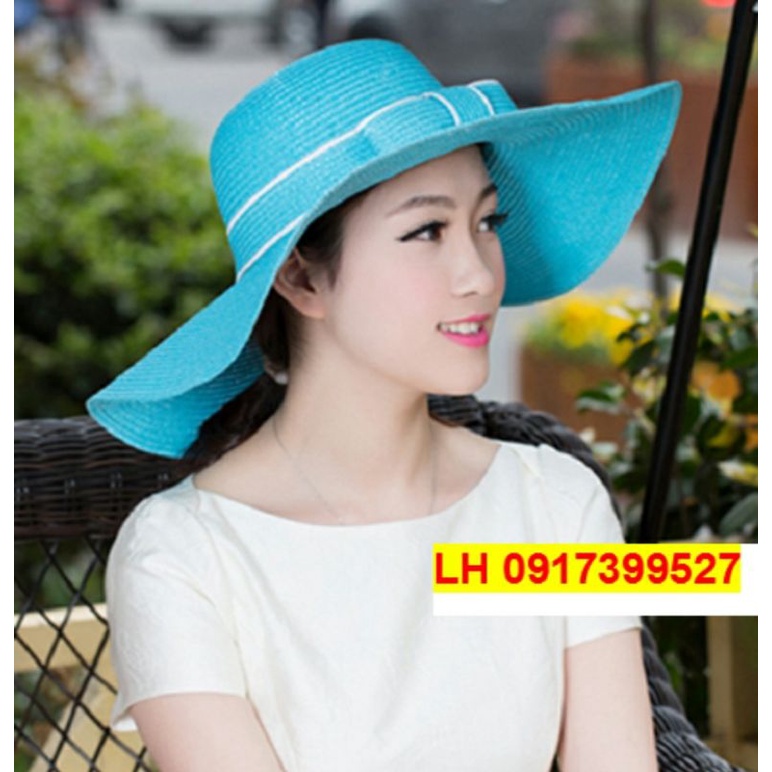 Nón rộng vành đi biển đẹp mũ cói nơ viền trắng cho nữ