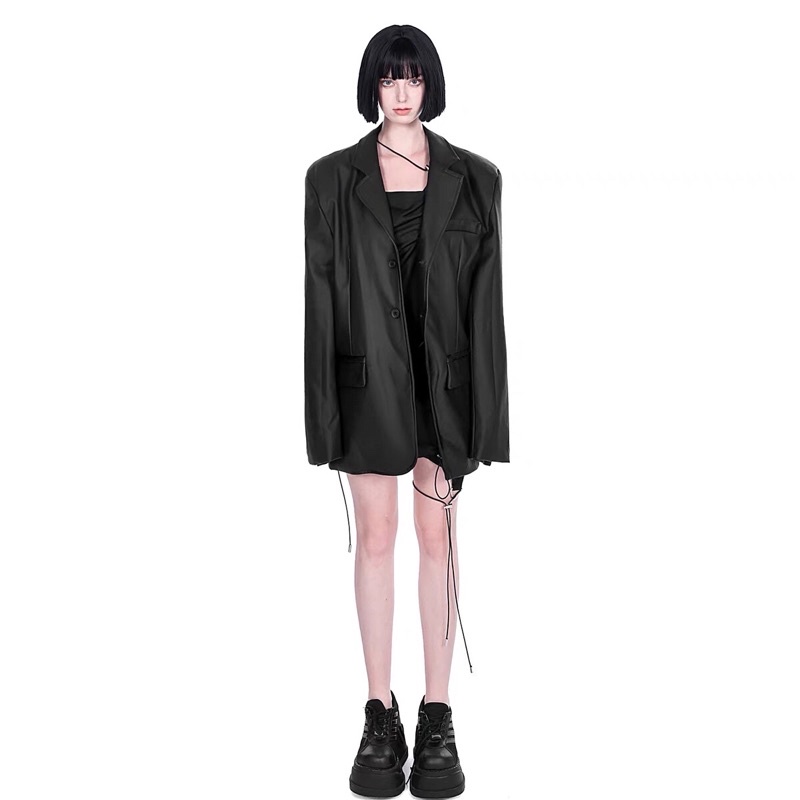 Áo khoác da nữ vét from rộng chất da PU nhập khẩu cao cấp phong cách âu mỹ AK001 Áo da jacket đen dài tay unisex