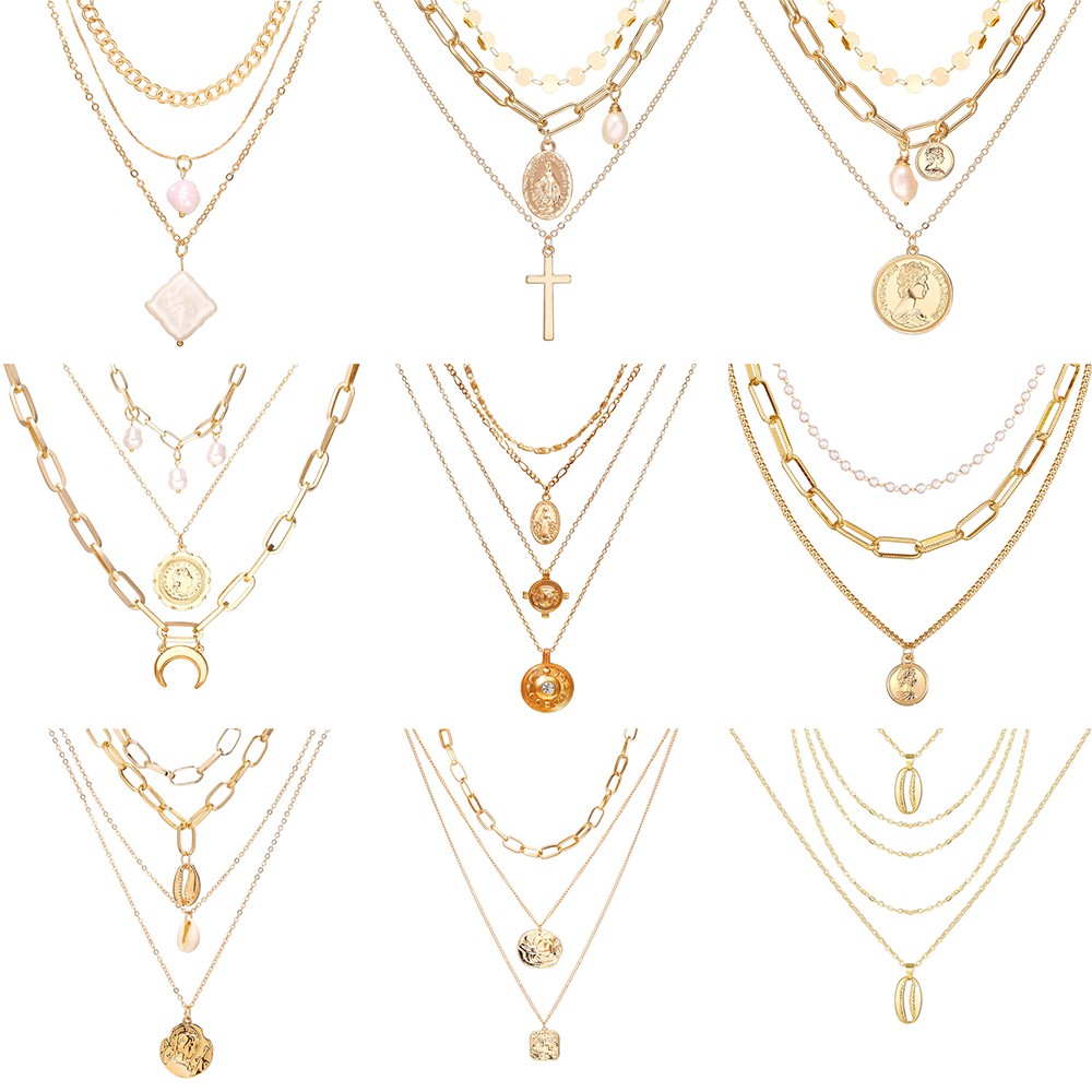 Dây Chuyền Hợp Kim Nhiều Lớp Mặt Hình Đồng Xu Phong Cách Vintage