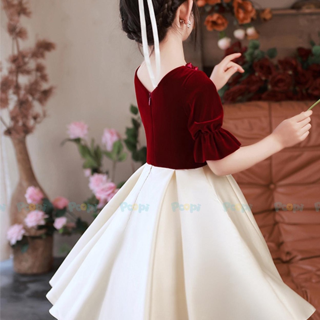 Đầm Công Chúa Cho Bé Poopi Dáng Xòe Bồng Cổ Vuông Đính Hoa Nhỏ, Váy Cho Bé Gái Dự Tiệc Xinh Đẹp