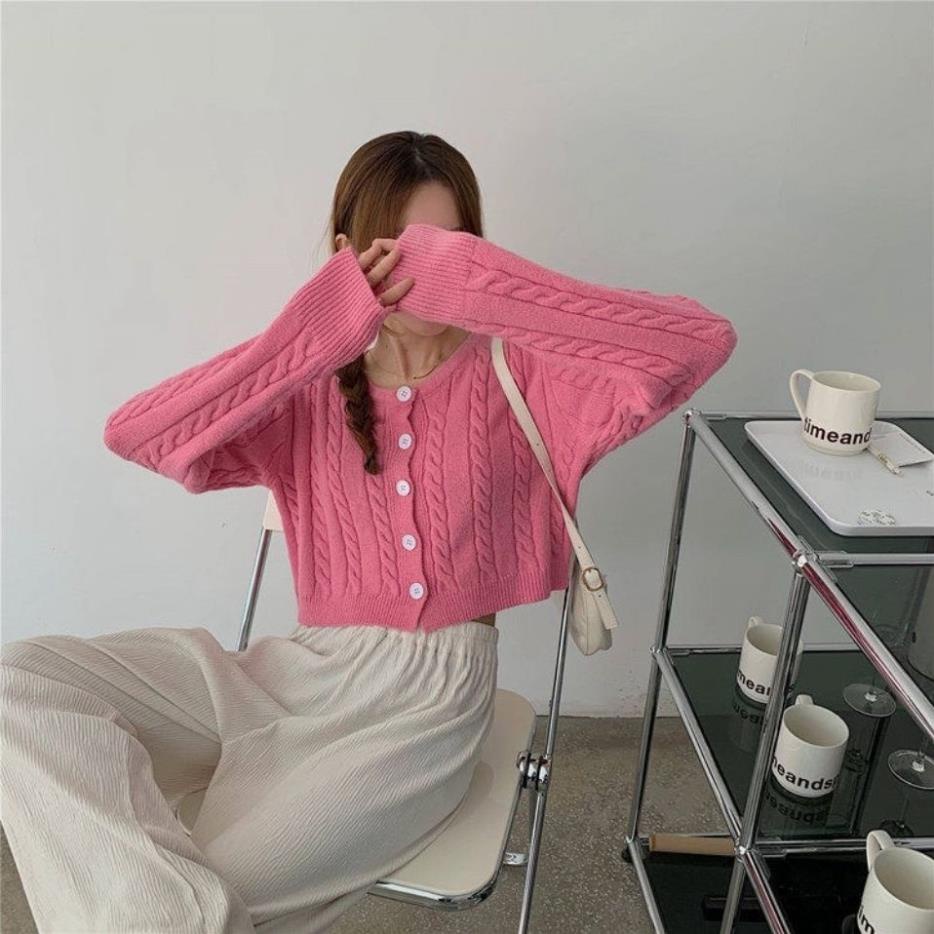 Áo len cadigan cổ tròn tay dài dáng croptop ôm đẹp hot 2022