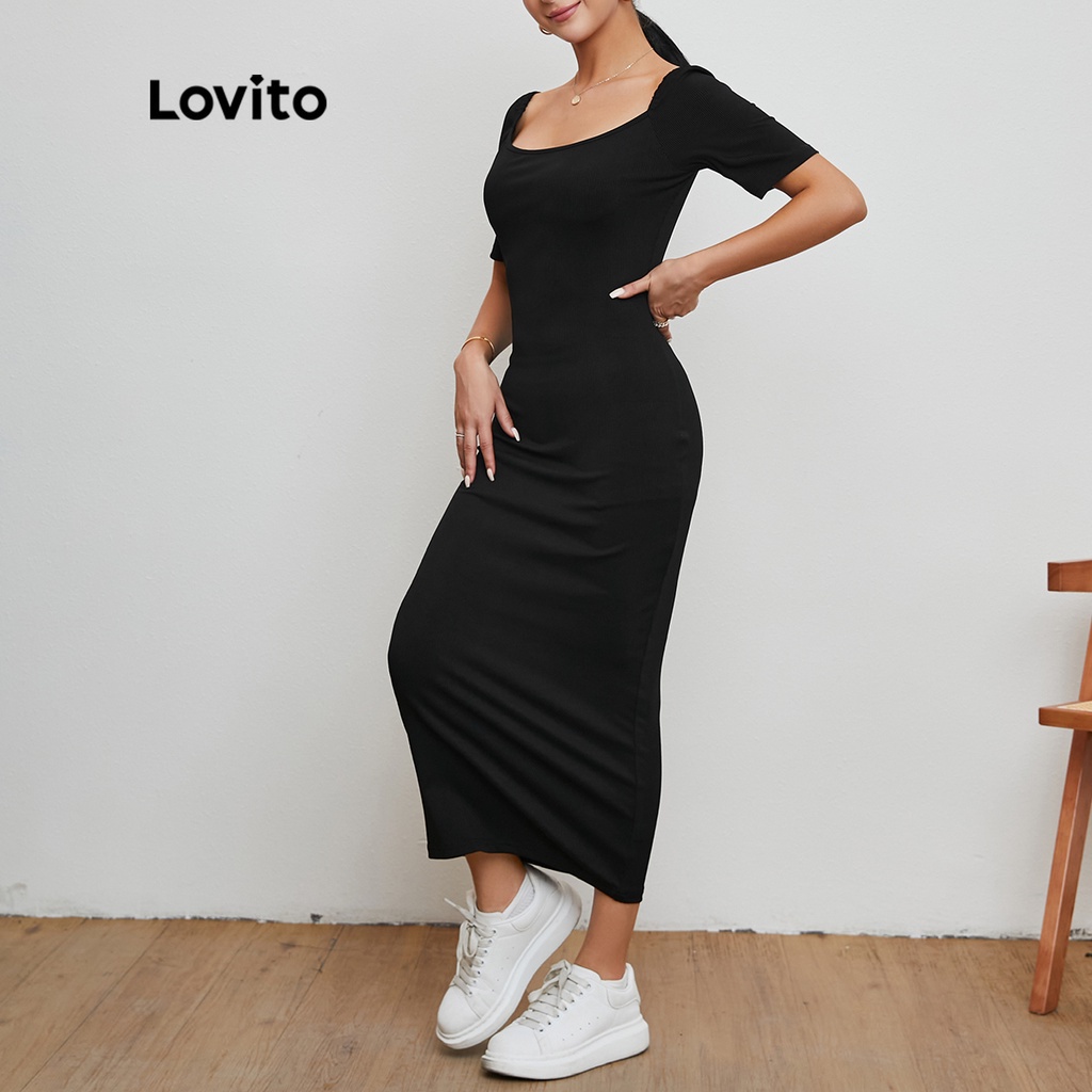 Lovito Đầm Bút Chì Cổ Bẻ Màu Đen L20D070