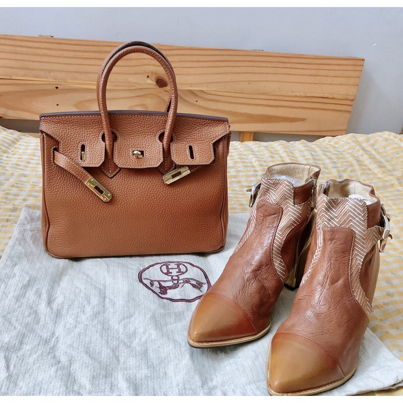 Túi Da Bò Màu Nâu Bò Bản Khâu Tay Size 25