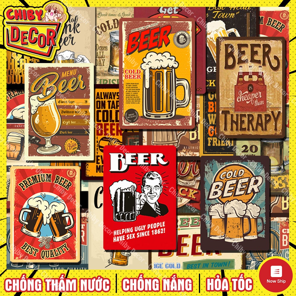 Sticker Chủ đề Beer 🌈 Decal Retro Vintage Chống Nước, Nhãn Dán Ipad, Laptop, Vali, Mũ Bảo Hiểm, Decor Quán