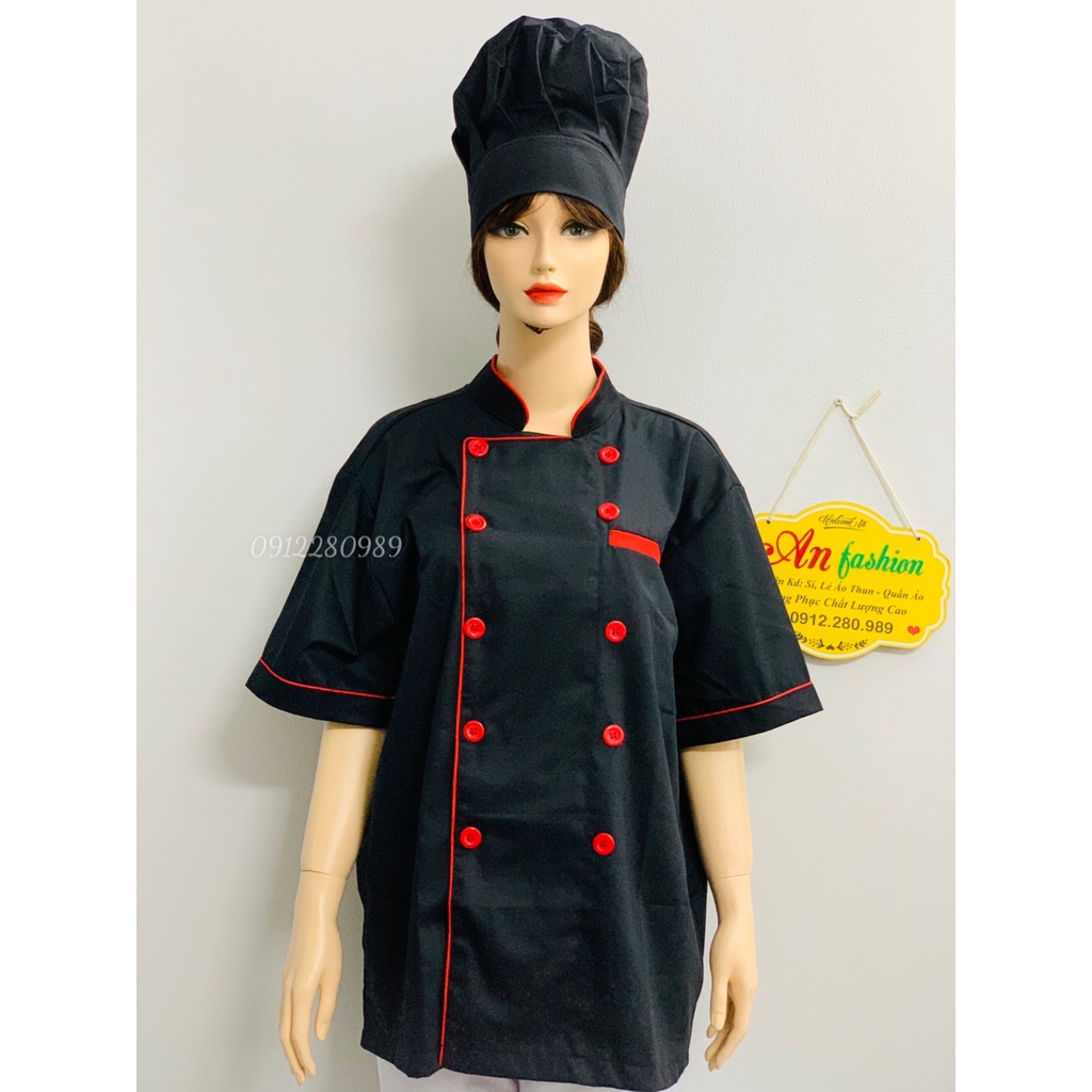 Áo đầu bếp nam nữ cao cấp dày dặn màu đen tay ngắn _ Hình chụp thật