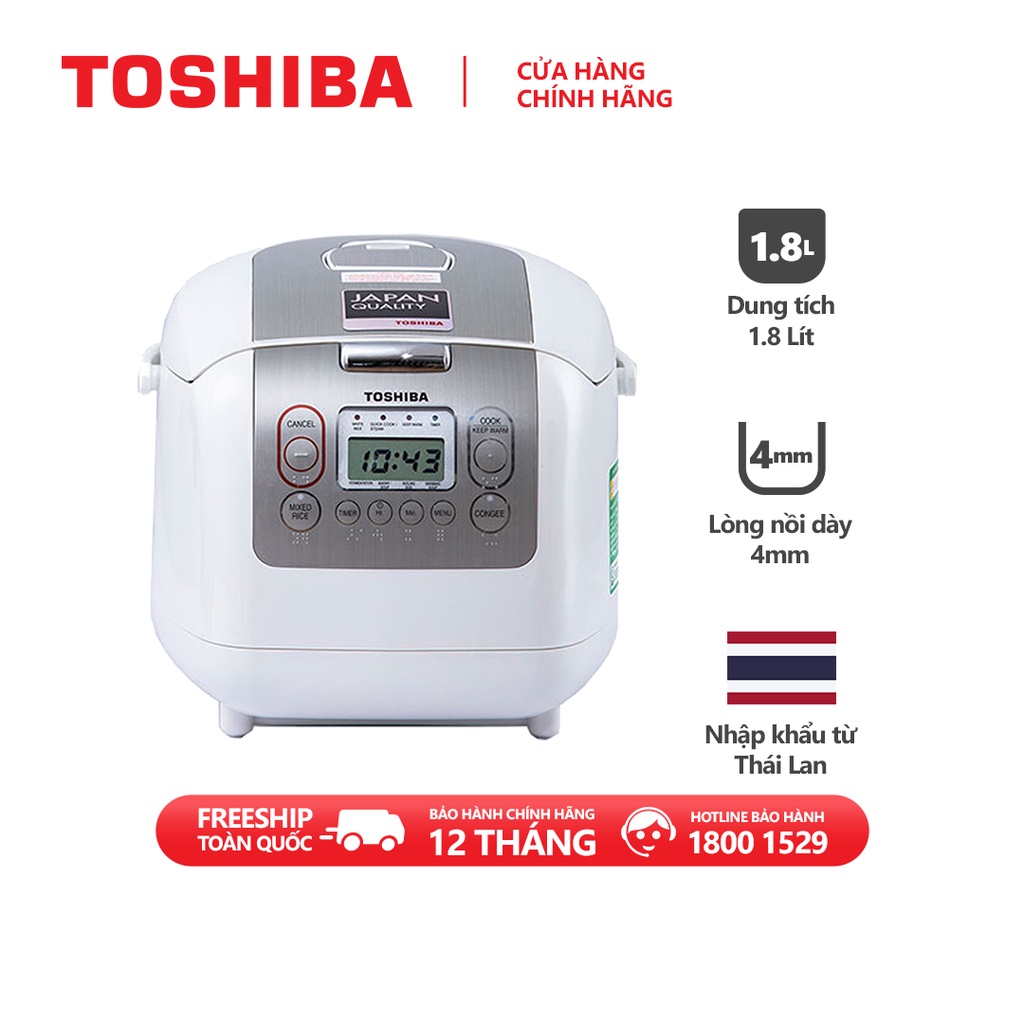 Nồi cơm điện tử TOSHIBA RC-18NTFV(W)-1.8L - Phù hợp 4-6 người ăn - Lòng nồi dày 4mm - Hàng chính hãng, bảo hành 12 tháng