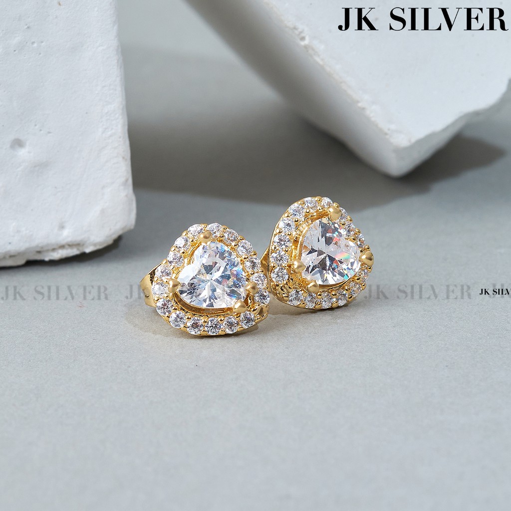 Bông tai nữ trái tim viền đá mạ vàng 18K cao cấp JK Silver bongtai241